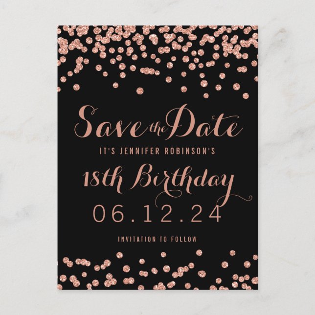 Carte Postale Faire-part Fête d'anniversaire Rose Gold Glitter Confetti Enr (Devant)
