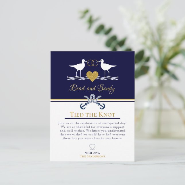 Carte Postale Faire-part Fête de mariage Nautical Coastal Navy Blue Sandpip (Debout devant)