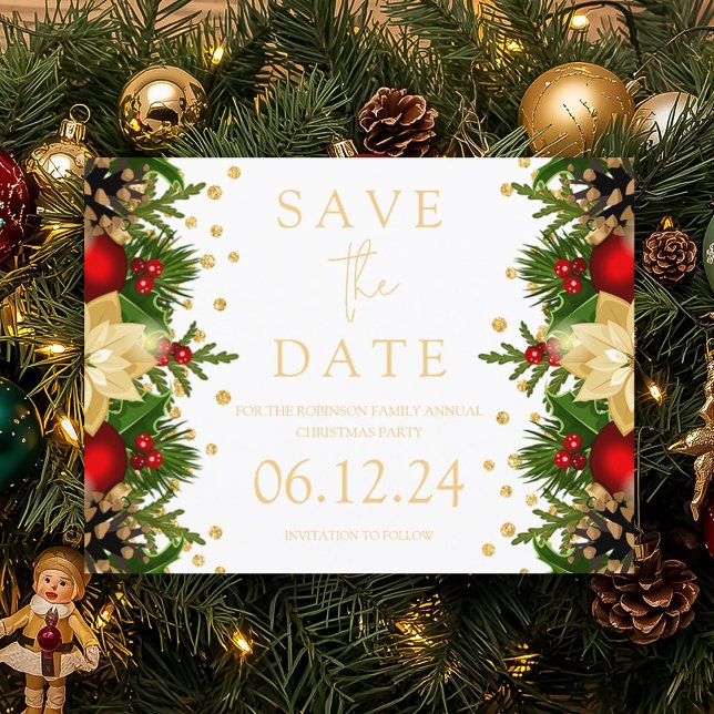 Carte Postale Faire-part Fête de Noël à Sauvegarder la Date Fleur Or (Christmas Party Save The Date Gold Floral Announcement Postcard)