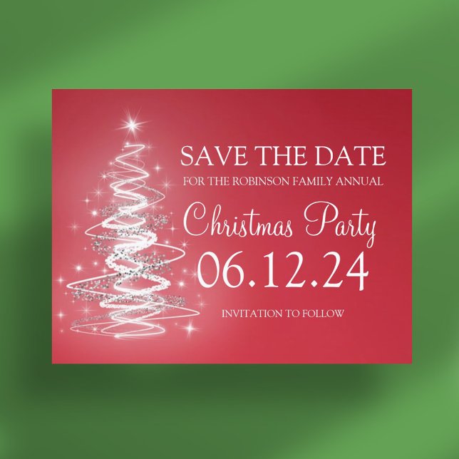Carte Postale Faire-part Fête de Noël Enregistrez la date Arbre scintillant (Christmas Party Save The Date Sparkling Tree Red Announcement Postcard)
