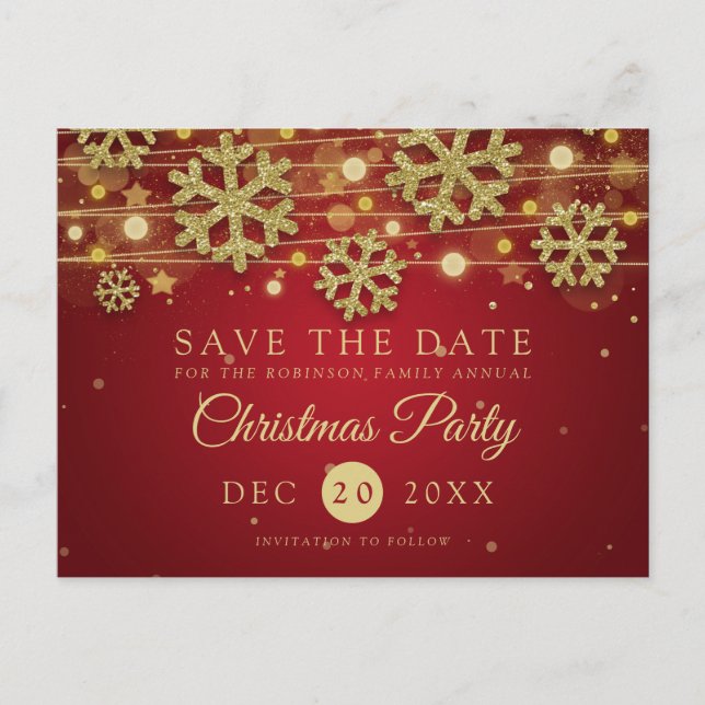 Carte Postale Faire-part Fête de Noël Or et Rouge Save The Date Paillettes (Devant)