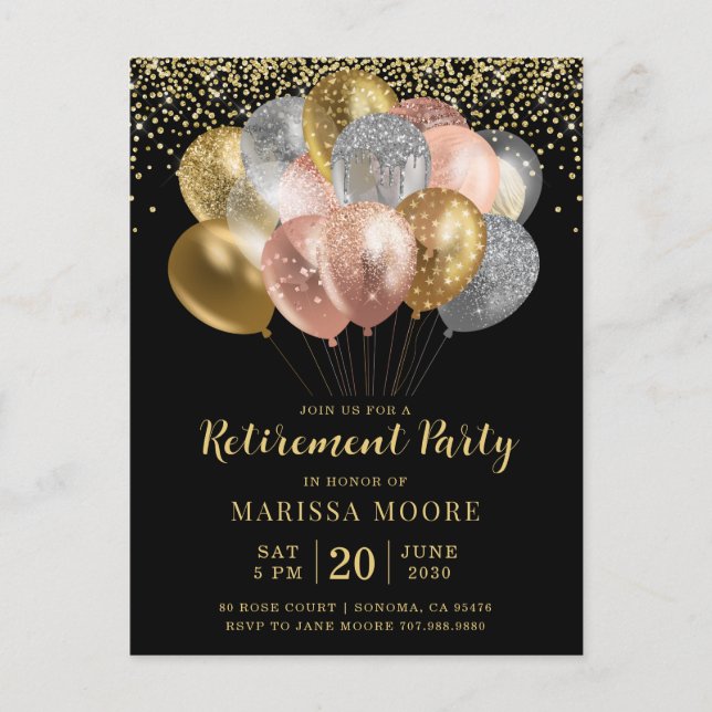 Carte Postale Faire-part Fête de retraite Rose Gold Argent Noir  (Devant)