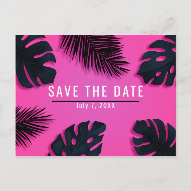 Carte Postale Faire-part Fête Palmes Tropicales Roses Enregistrer la Date (Devant)