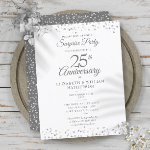 Carte Postale Faire-part Fête surprise 25 ans Anniversaire Cœurs Argentés 