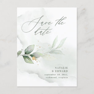 Carte Postale Faire-part Feuillage aquarelle et or mariage à retenir la dat
