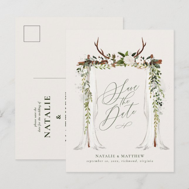 Carte Postale Faire-part Feuillage botanique rustique pour mariage, enregis (Devant / Derrière)