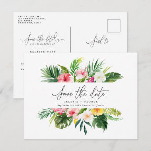 Carte Postale Faire-part Feuille d'aquarelle tropicale script enregistrer l