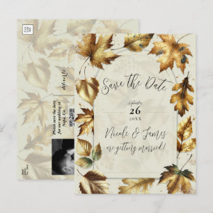 Carte Postale Faire-part Feuilles dorées Amande Beige Crème Automne Enregis