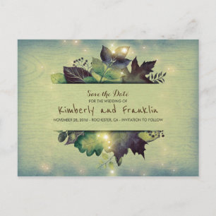 Carte Postale Faire-part Feuilles et lumières rustiques des bois Enregistre