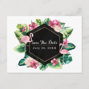 Carte Postale Faire-part Feuilles Tropicales Hibiscus Flamants Save the Dat