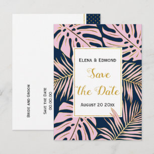 Carte Postale Faire-part Feuilles tropicales rose, mariage bleu nuit Save t