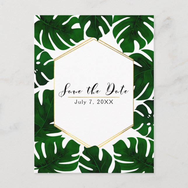 Carte Postale Faire-part Feuilles Tropicales Vertes Blanc & Or Save the Dat (Devant)