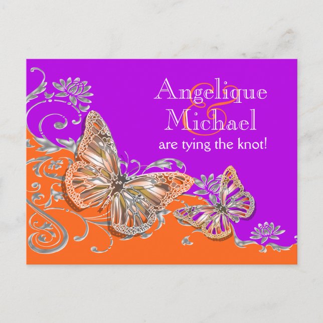 Carte Postale Faire-part Fiançailles pour anniversaire orange violet (Devant)