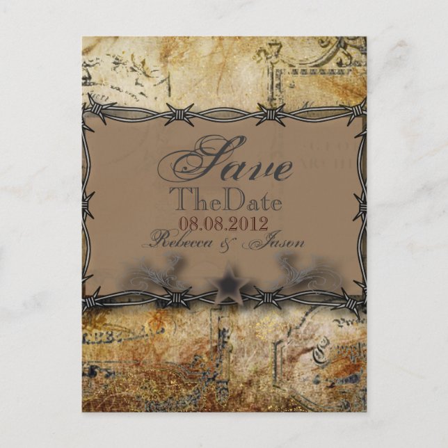Carte Postale Faire-part fil barbelé mariage campagnard occidental enregist (Devant)