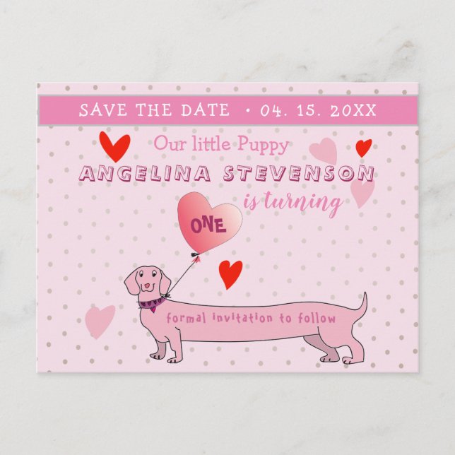 Carte Postale Faire-part Fille 1er anniversaire rose enregistrer la date (Devant)