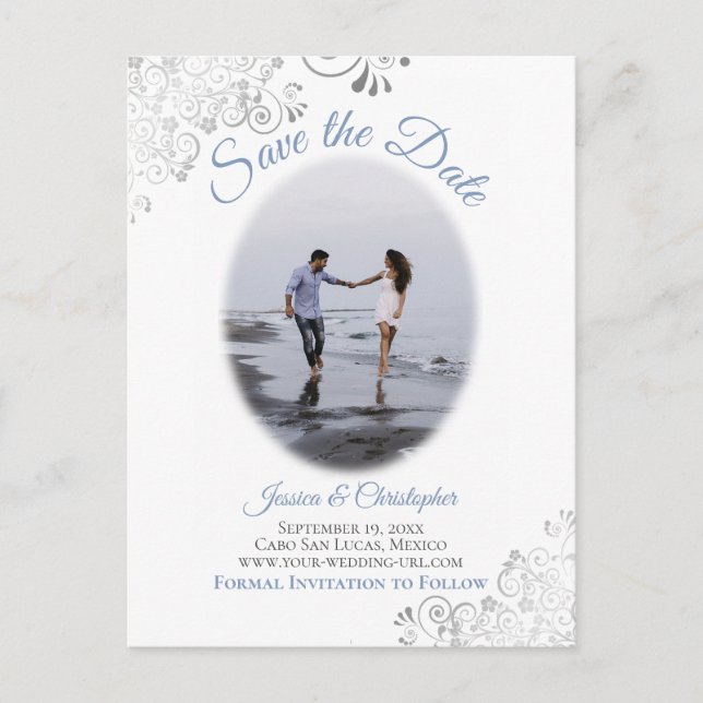 Carte Postale Faire-part Fines dentelles argentées avec Photo Bleu Mariage  (Devant)