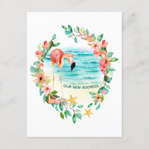 Carte Postale Faire-part Flamant rose Tropical Wreath Beach Scène Nouvelle 