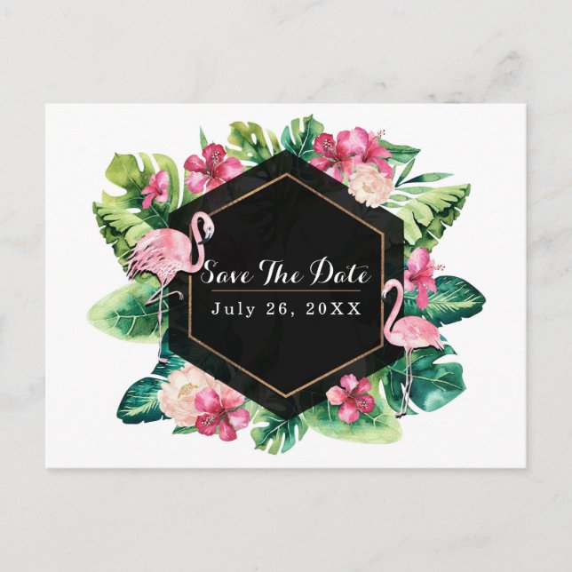 Carte Postale Faire-part Flamants roses Hibiscus Feuille tropicaux Enregist (Devant)