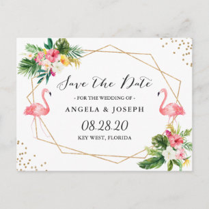 Carte Postale Faire-part Flamants Tropicaux Fleurs Mariage Épargnez la Date
