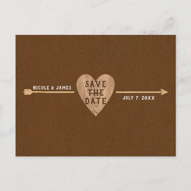 Carte Postale Faire-part Flèche de coeur Brown rustique Kraft Enregistrer l (Devant)