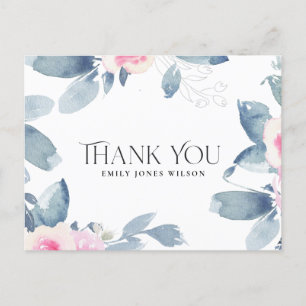 CARTE POSTALE FAIRE-PART FLEUR BLEUE BLUSH BLANC POUR ANNIVERSAIRE MERCI TO
