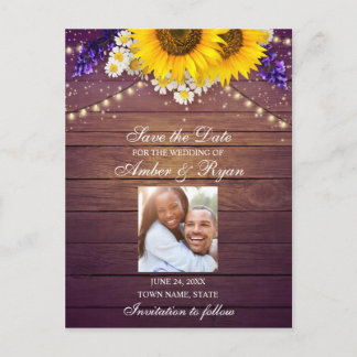 Carte Postale Faire-part Fleur de Tournesol Jaune Violet Rustique Grange Fl