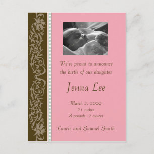 Carte Postale Faire-part Fleurissement rose et marron (personnalisable)