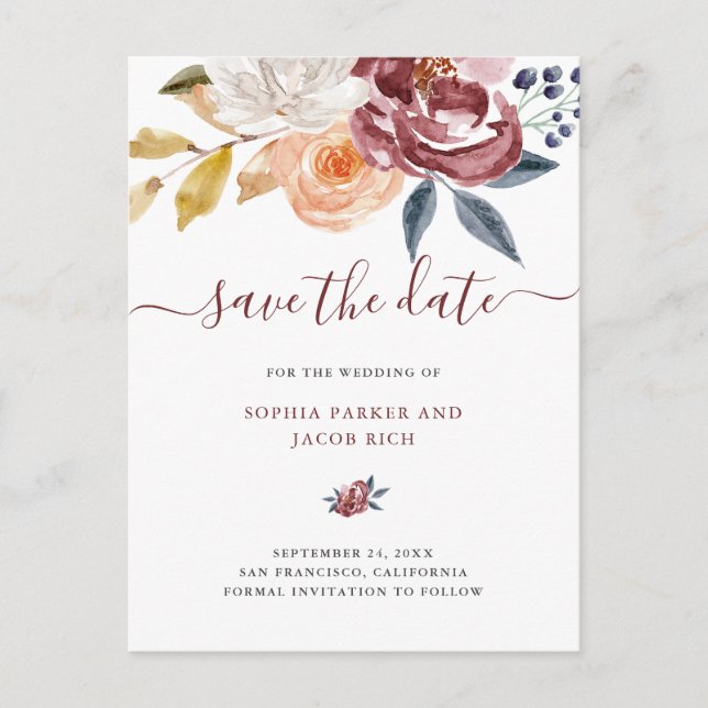 Carte Postale Faire-part Fleurs aquarelles de Bourgogne | Mariage Enregistr (Devant)