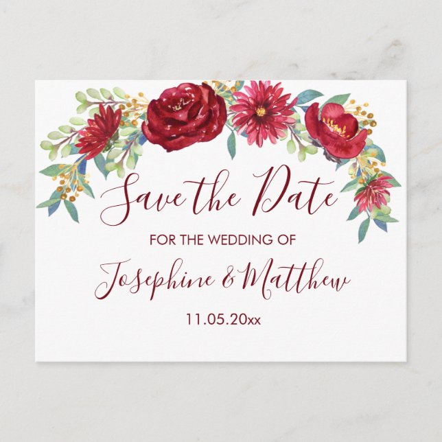 Carte Postale Faire-part Fleurs aquarelles de Bourgogne Save the Date (Devant)