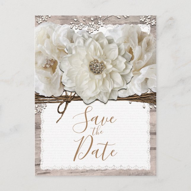 Carte Postale Faire-part Fleurs blanches & Birch Rustique Glam Enregistrer  (Devant)