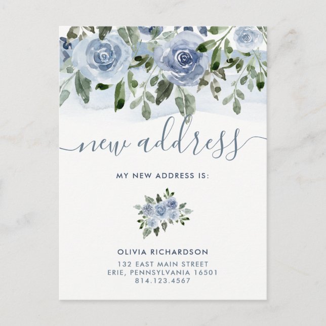Carte Postale Faire-part Fleurs Bleues Aquarelle | Annonce de déménagement (Devant)