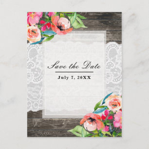 Carte Postale Faire-part Fleurs Colorées Fleurs Modernes Bois Dentelle Sauv