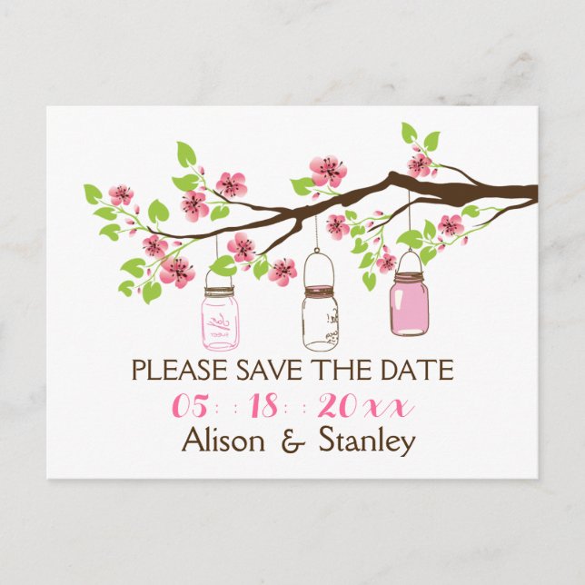 Carte Postale Faire-part Fleurs de cerisier, mariage en bocaux mason Enregi (Devant)