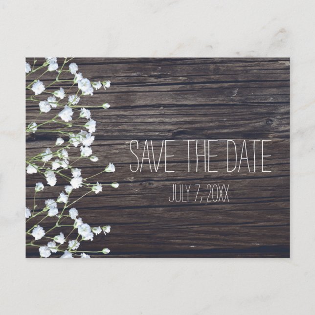 Carte Postale Faire-part Fleurs de Gypsophile & Bois Rustique Foncé Épingle (Devant)