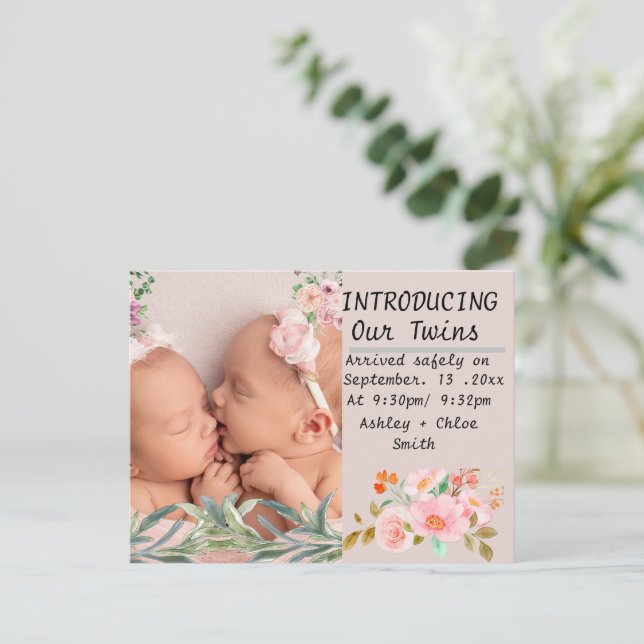 Carte Postale Faire-part Fleurs de lys verdure maman de jumeaux (Debout devant)
