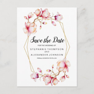 Carte Postale Faire-part Fleurs de Magnolia Rose Aquarelle