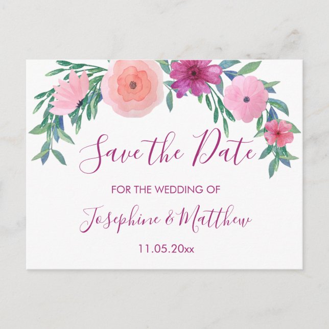 Carte Postale Faire-part Fleurs de mariage rose Save the Date (Devant)