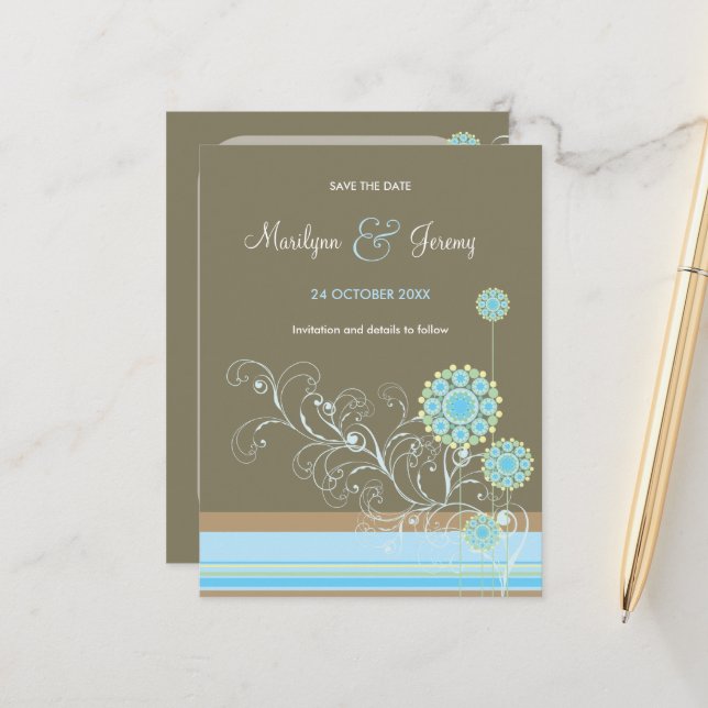 Carte Postale Faire-part Fleurs de neige bleues tourbillonnantes Mariage Sa (Devant/Arrière en situation)