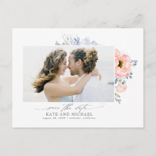 Carte Postale Faire-part Fleurs de pêche Dusty Blue Enregistrer la date Pho