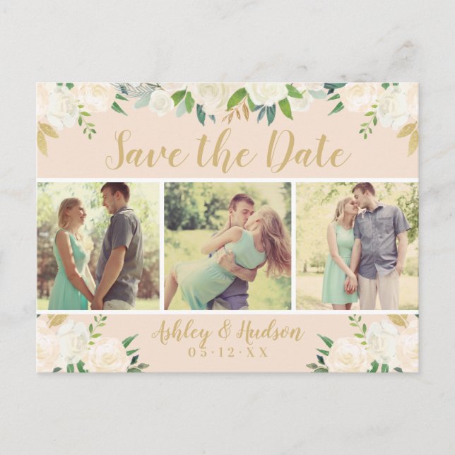 Carte Postale Faire-part Fleurs de Pêcher et Feuillage Photo Mariage Épargn (Devant)