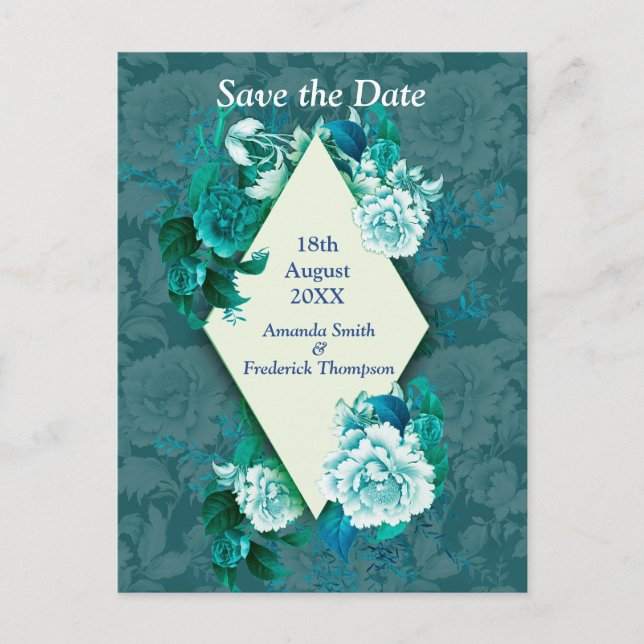 Carte Postale Faire-part Fleurs de Rose blanc/vert sur papier motif vert (Devant)