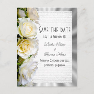 Carte Postale Faire-part Fleurs de rose blanche et argent pour le faire-par