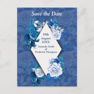 Carte Postale Faire-part Fleurs de rose blanche sur papier motif bleu