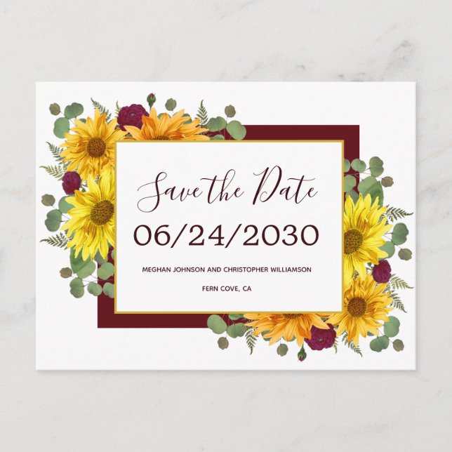 Carte Postale Faire-part Fleurs de tournesol rustiques Roses rouges de mari (Devant)