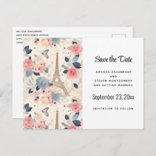 Carte Postale Faire-part Fleurs et Tour Eiffel Motif Paris