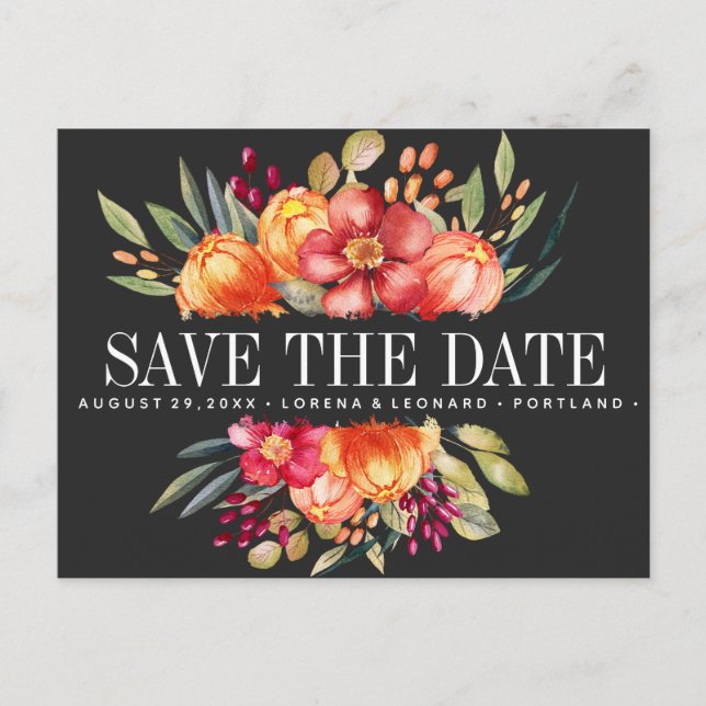 Carte Postale Faire-part Fleurs peintes Mariage gris foncé enregistrer la d (Devant)