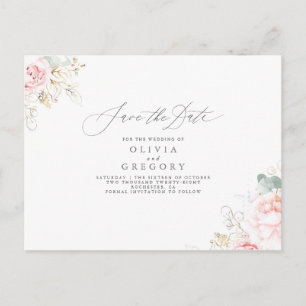 Carte Postale Faire-part Fleurs Roses Douces Élégantes Enregistrer La Date