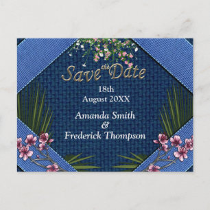 Carte Postale Faire-part Fleurs roses en tissu bleu