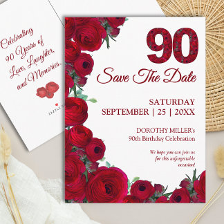 Carte Postale Faire-part Fleurs Rouges Gras 90e Anniversaire Enregistrez la