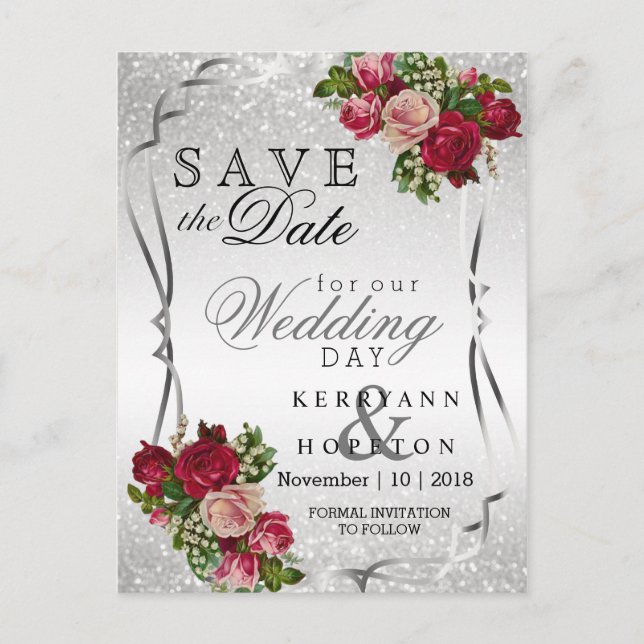 Carte Postale Faire-part Fleurs Rouges & Roses & Paillettes d'Argent Save t (Devant)
